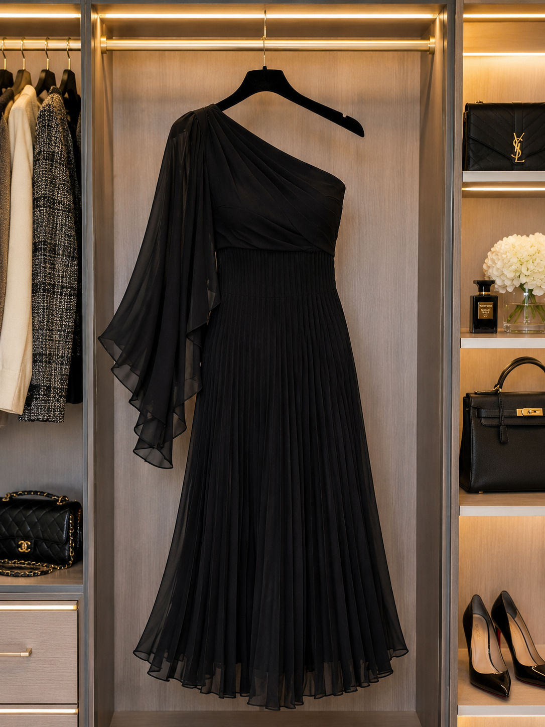 Elegant Black One-Shoulder Pleated Midi Dress Size L