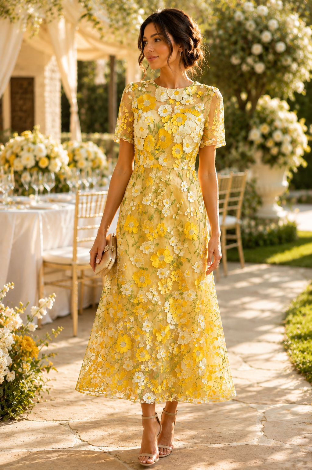 Elegant Floral Embroidered Midi Dress Size L