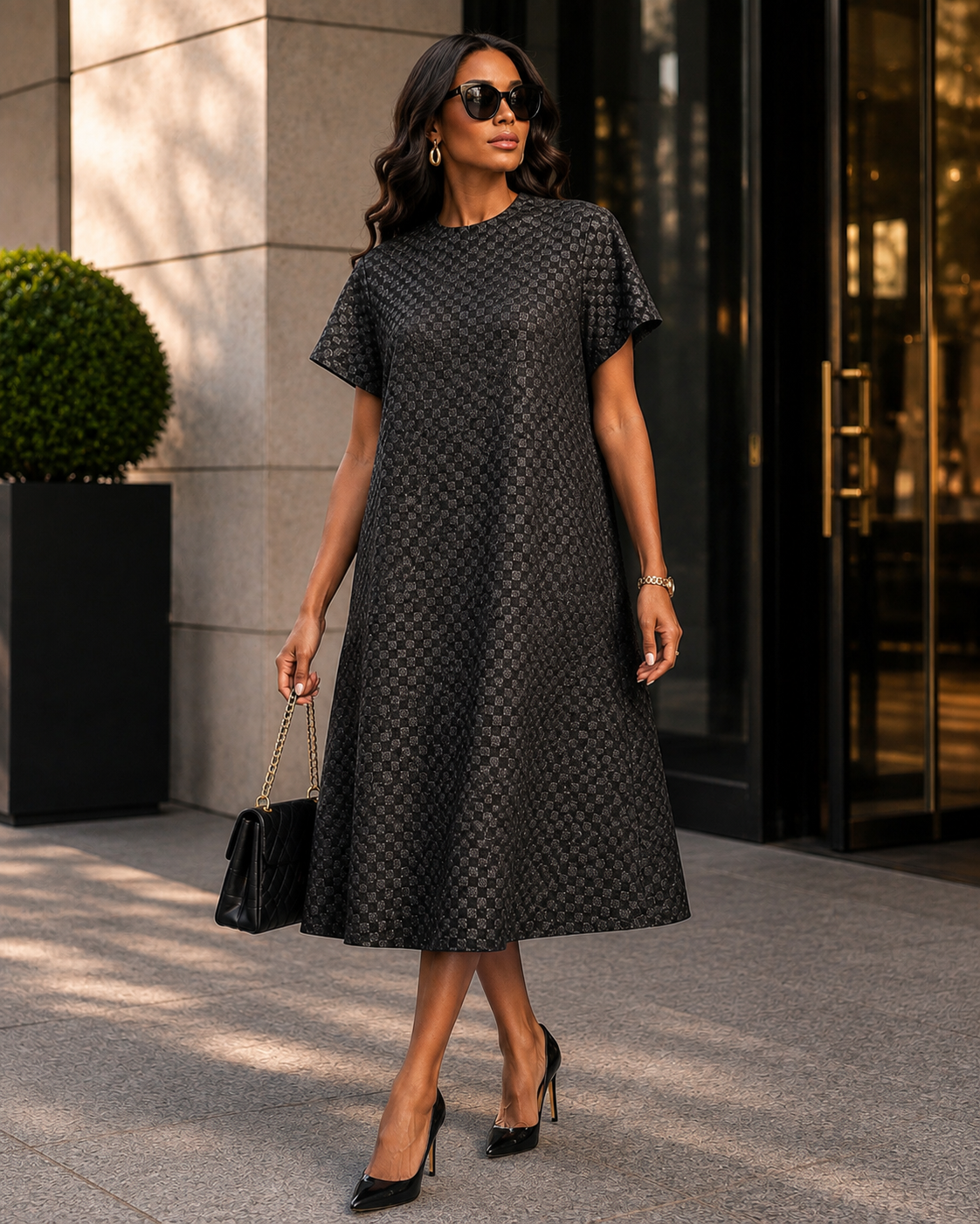 Elegant Textured Black Midi Dress Size L