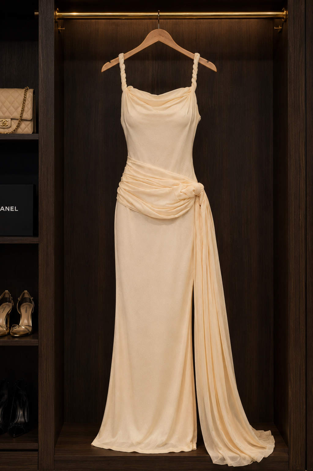 Elegant Cream Draped Evening Gown