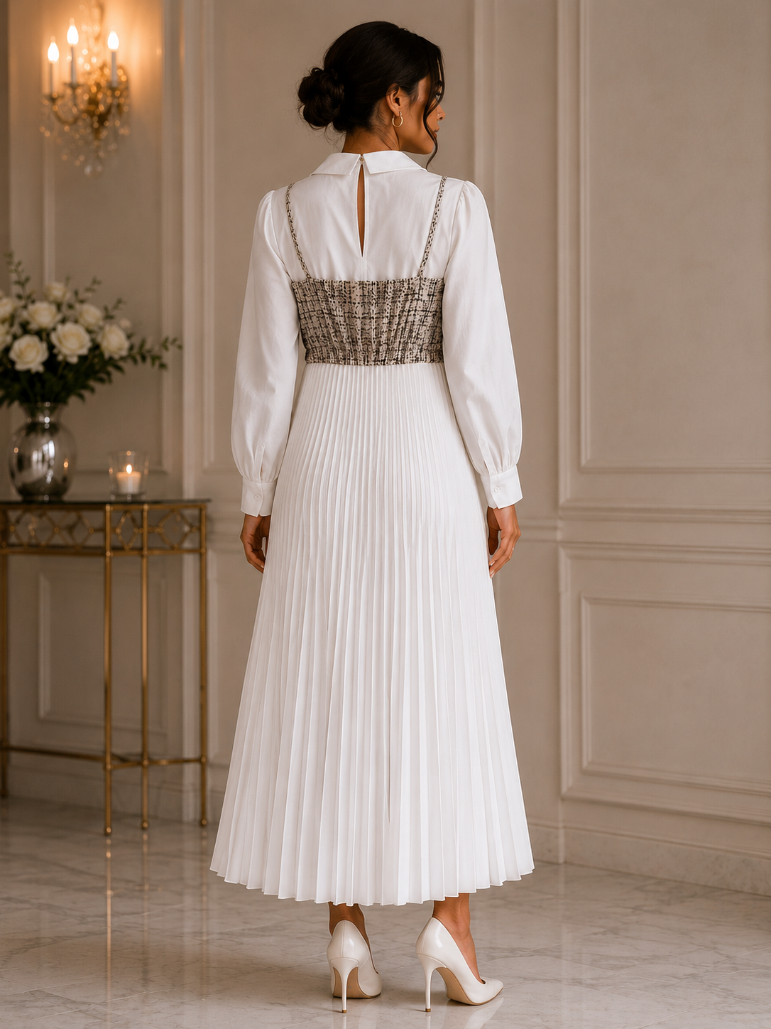 Elegant Two-Piece Look Pleated Midi Dress Size L