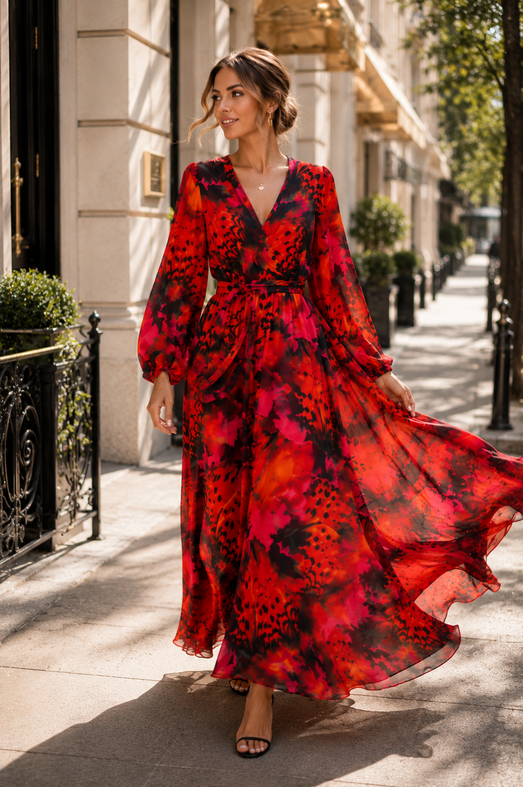 Red Butterfly Print Maxi Dress
