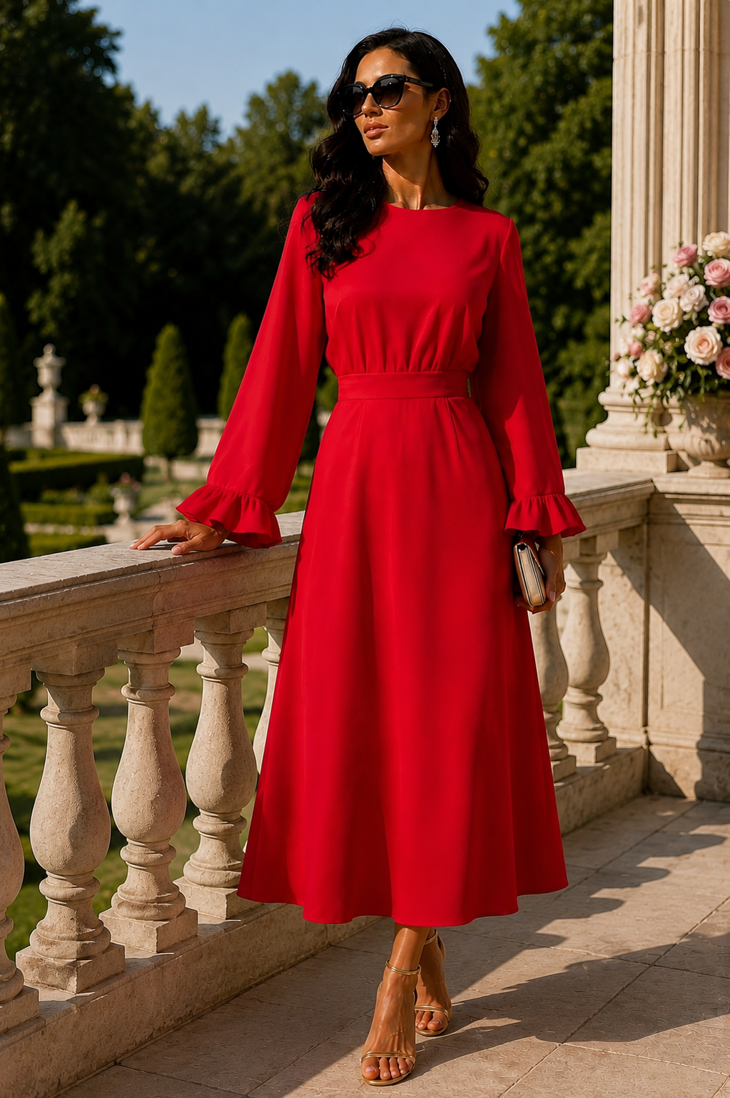 Elegant Red Long Sleeve Midi Dress size S
