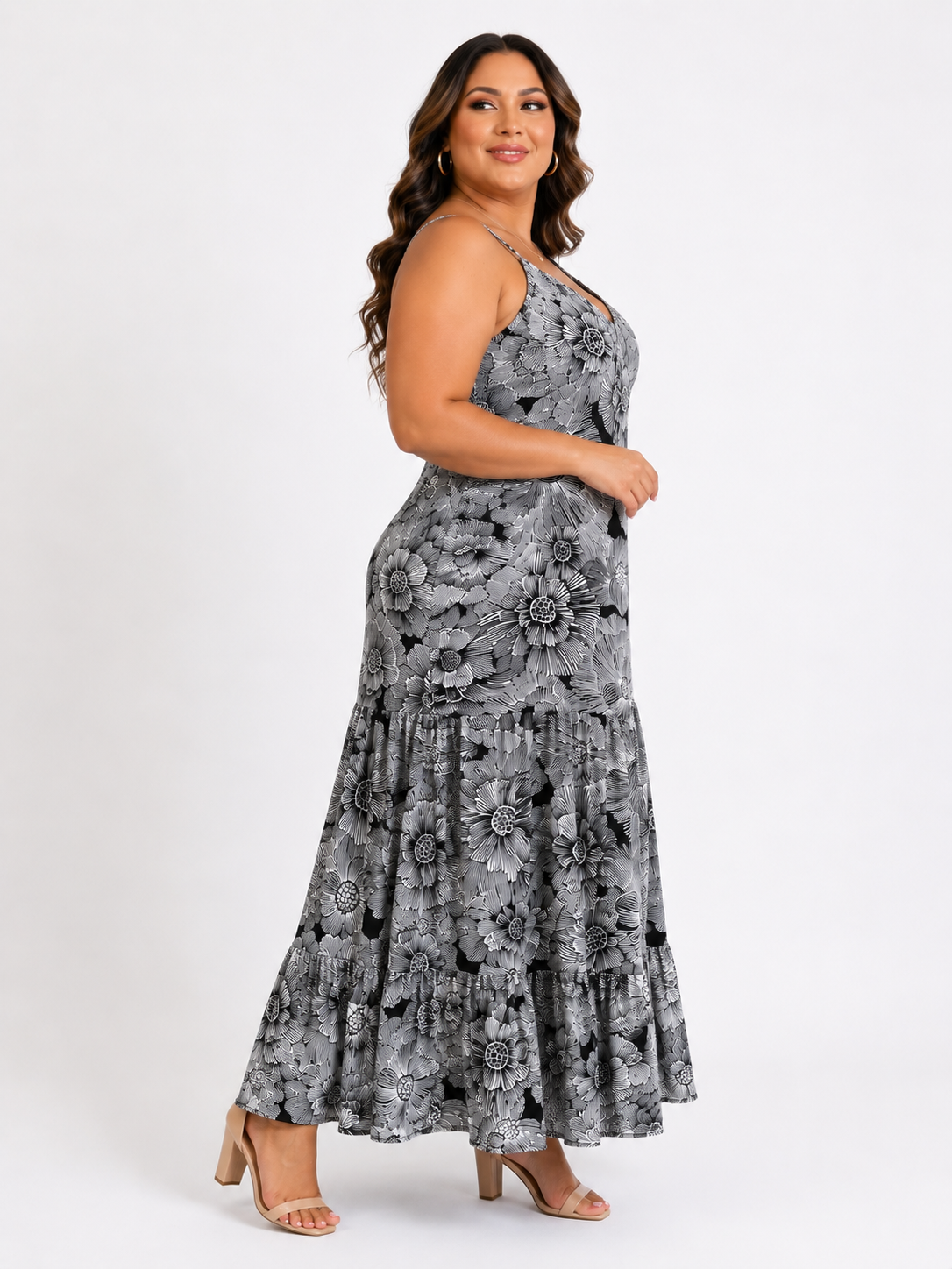 Elegant Black & Grey Floral Maxi Dress – Plus Size Size L