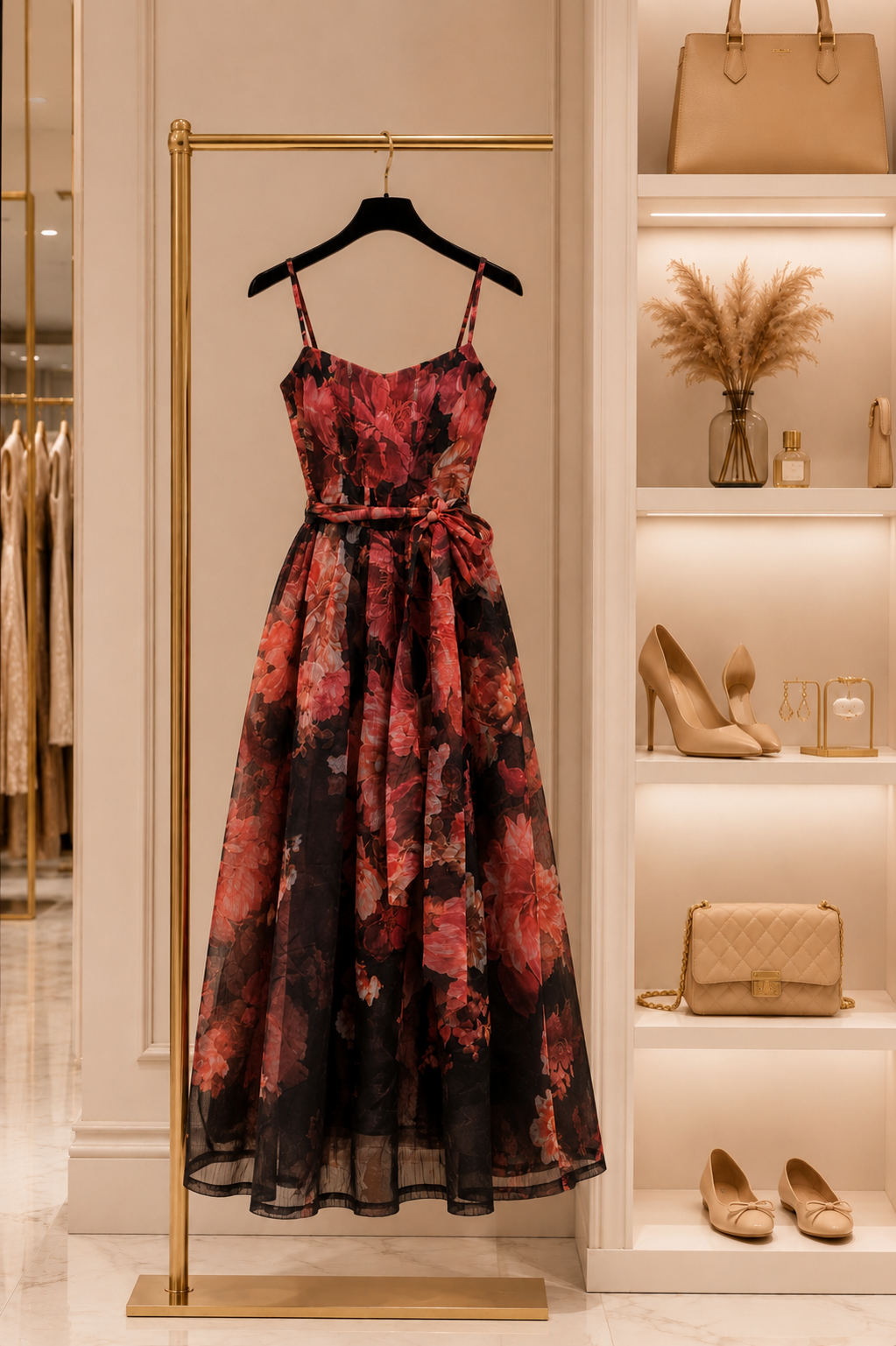 Elegant Floral Print Midi Dress Size XS