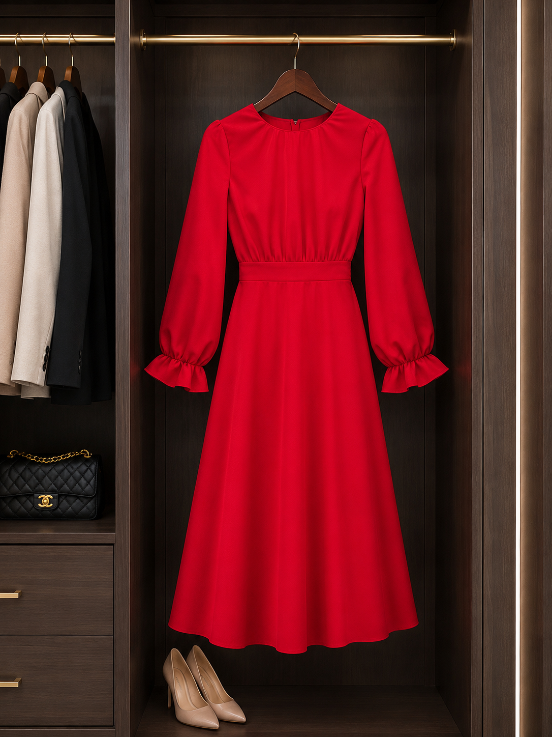 Elegant Red Long Sleeve Midi Dress size S