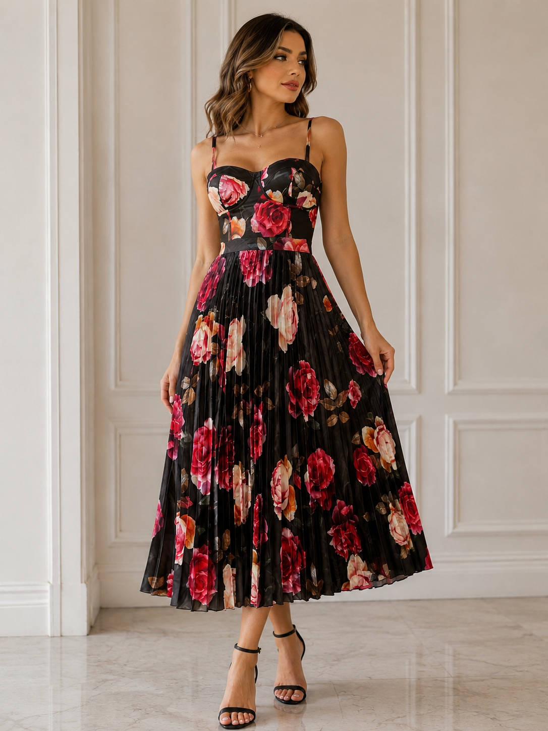 Black Floral Pleated Midi Dress – Elegant & Feminine Size M