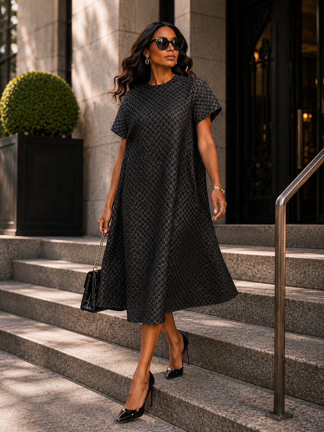 Elegant Textured Black Midi Dress Size L