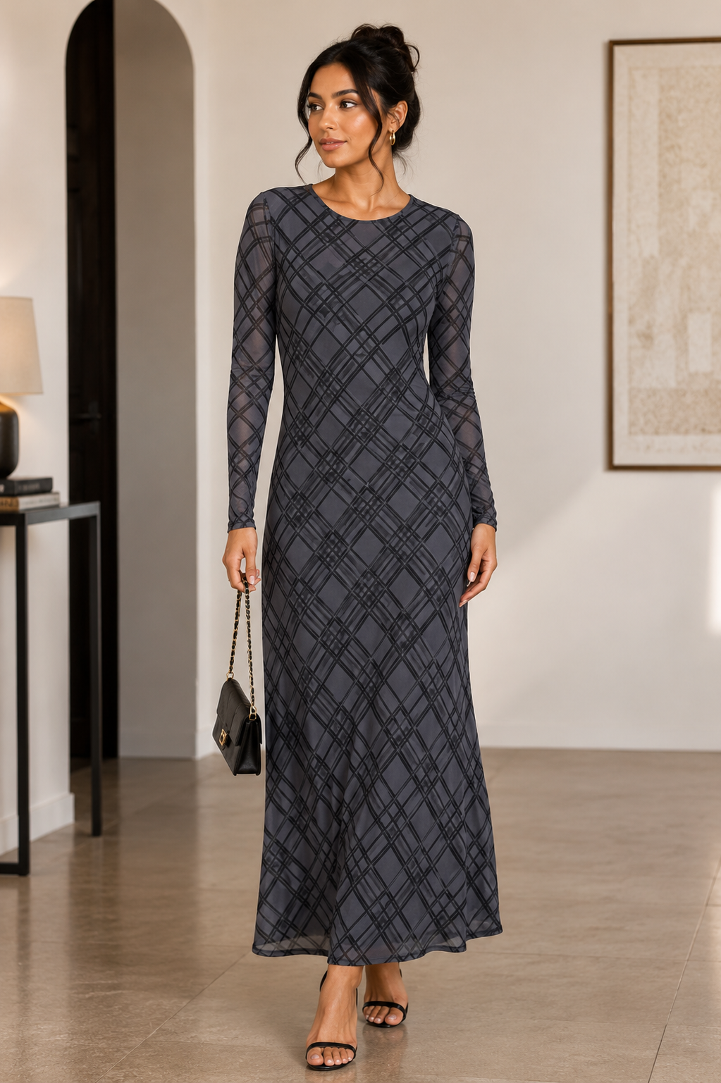 Elegant Charcoal Printed Maxi Dress Size M