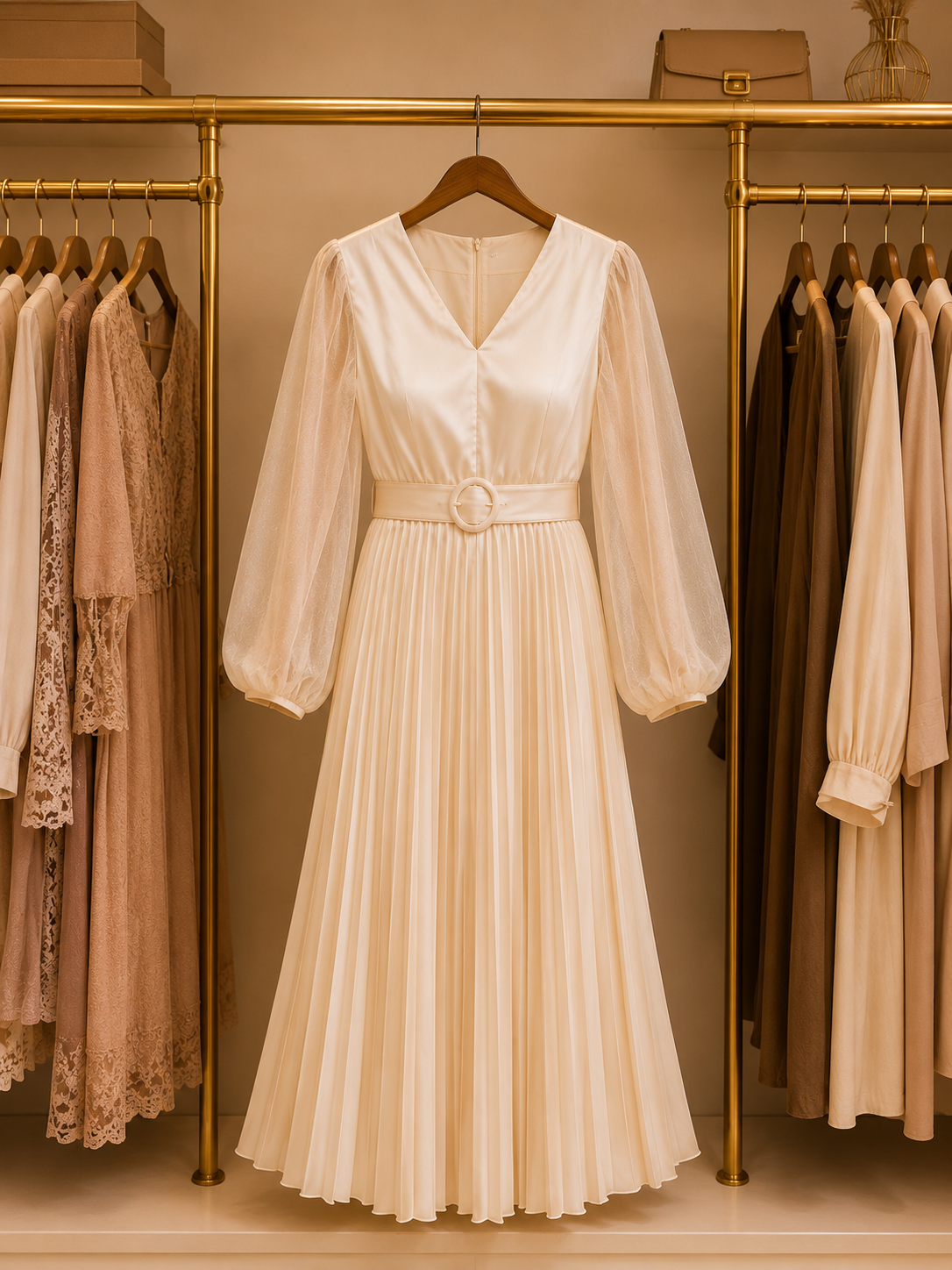 Elegant Ivory Pleated Midi Dress Size L