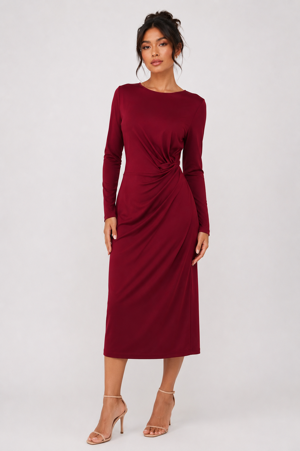 Elegant Burgundy Ruched Midi Dress Size XL