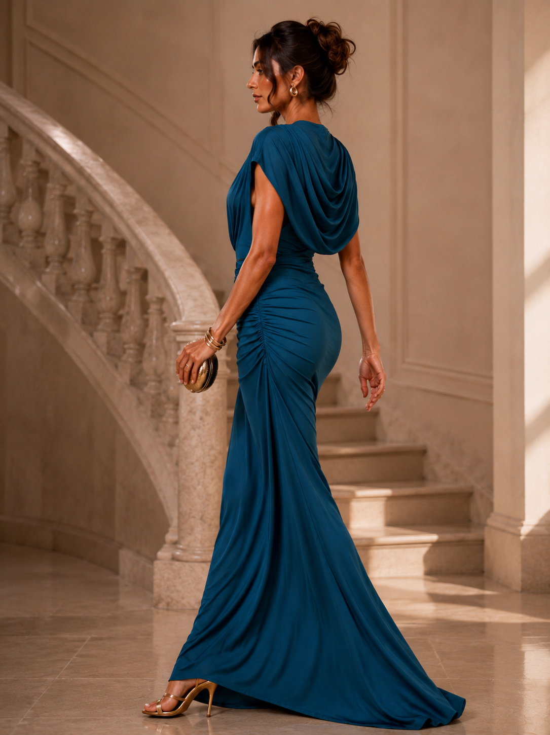 Elegant Teal Draped Evening Gown Size Uk 14