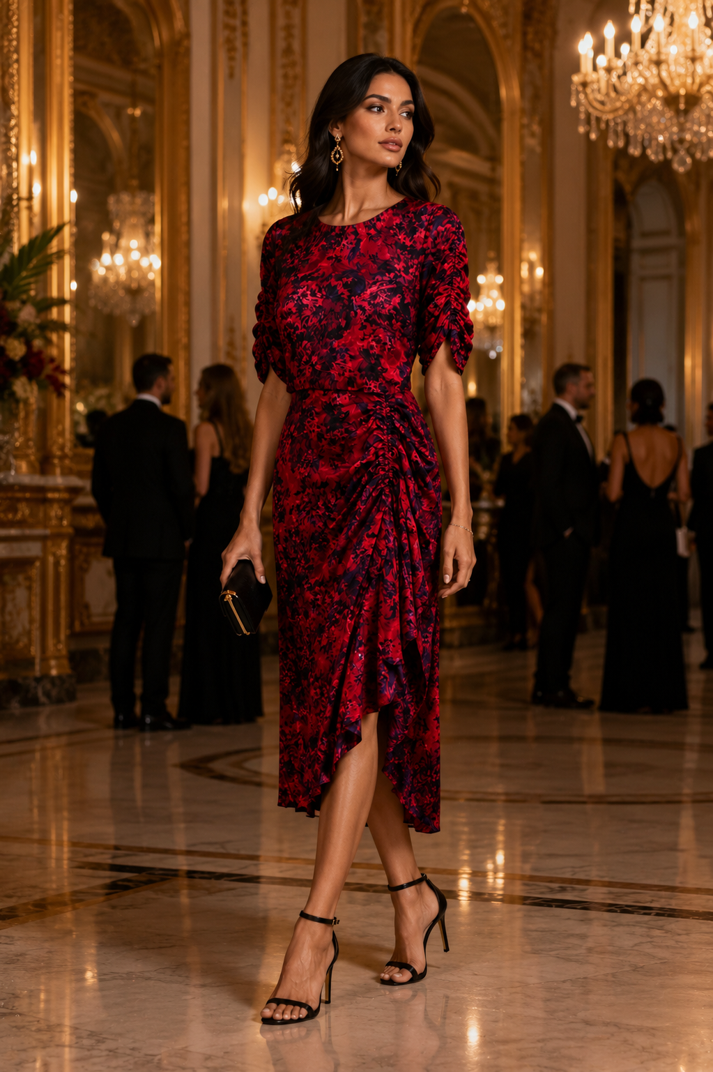 Elegant Floral Ruched Midi Dress Size M