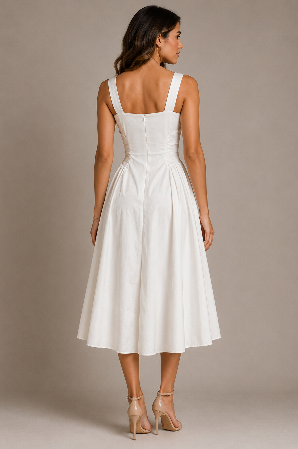 Elegant White A-Line Midi Dress Size M