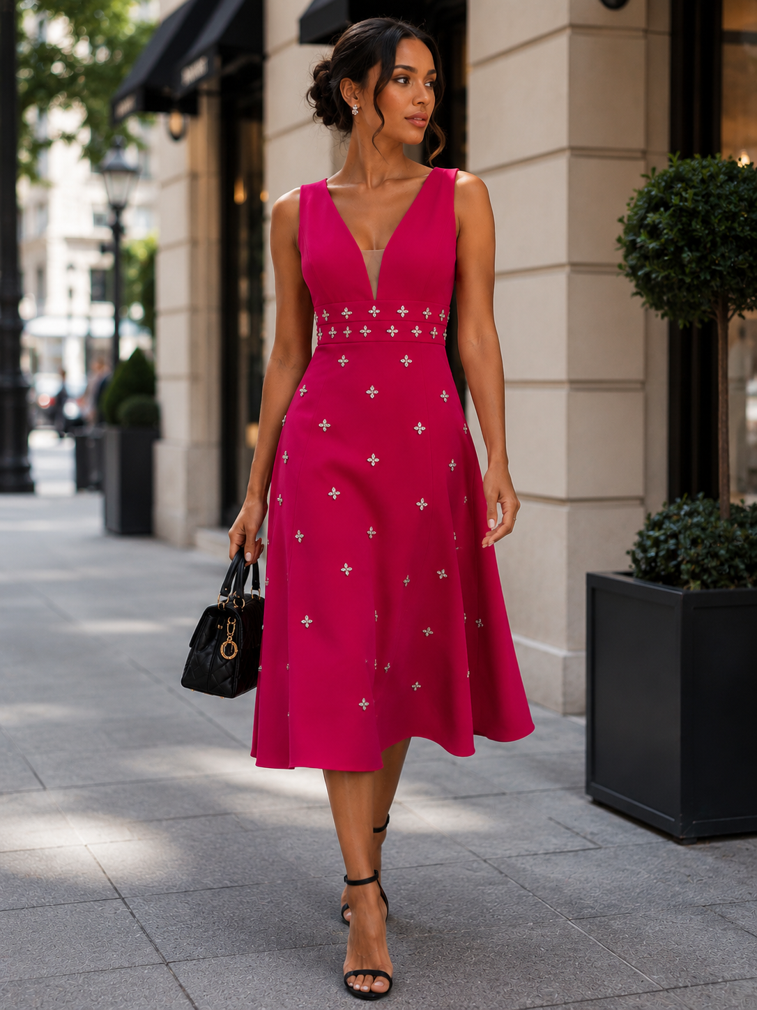 Elegant Embellished A-Line Midi Dress Size L