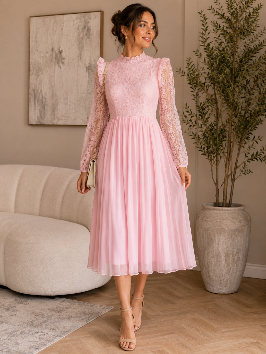 Elegant Blush Pink Lace Midi Dress Size M