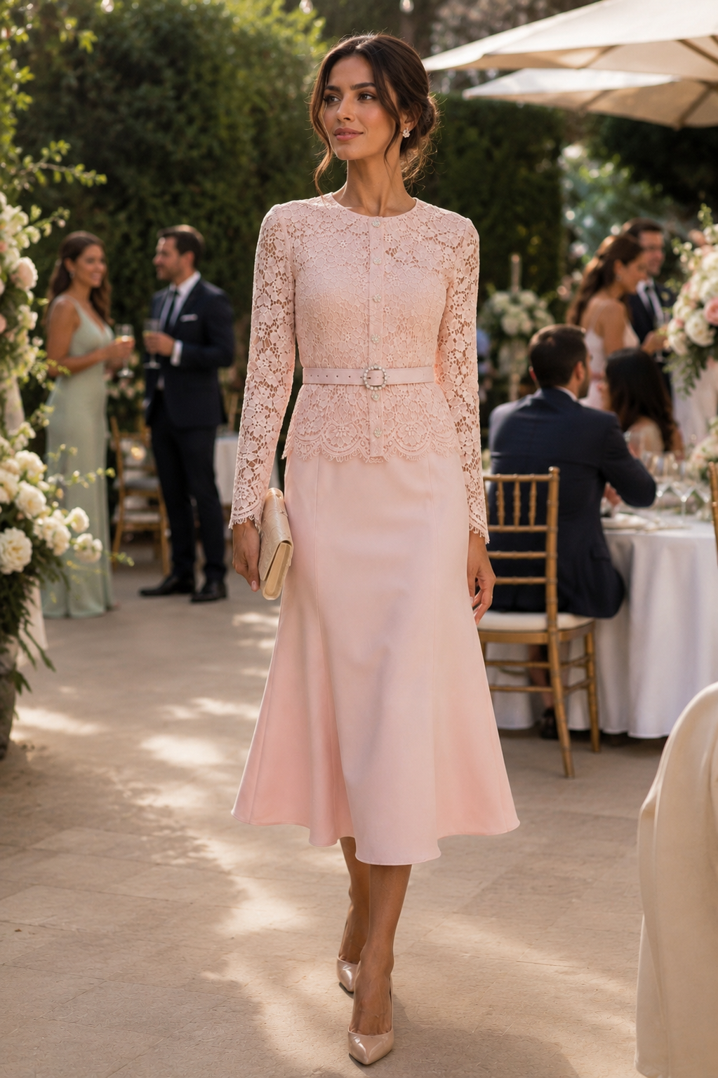 Elegant Blush Lace Midi Dress Size M