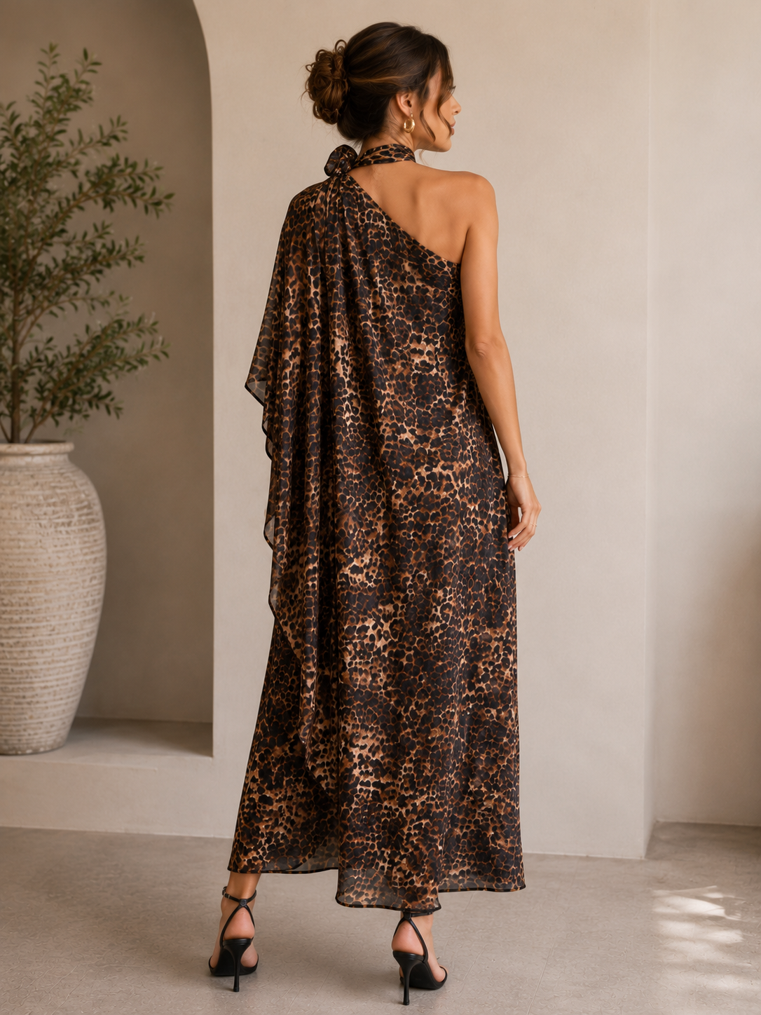 Elegant One-Shoulder Leopard Print Maxi Dress Size M