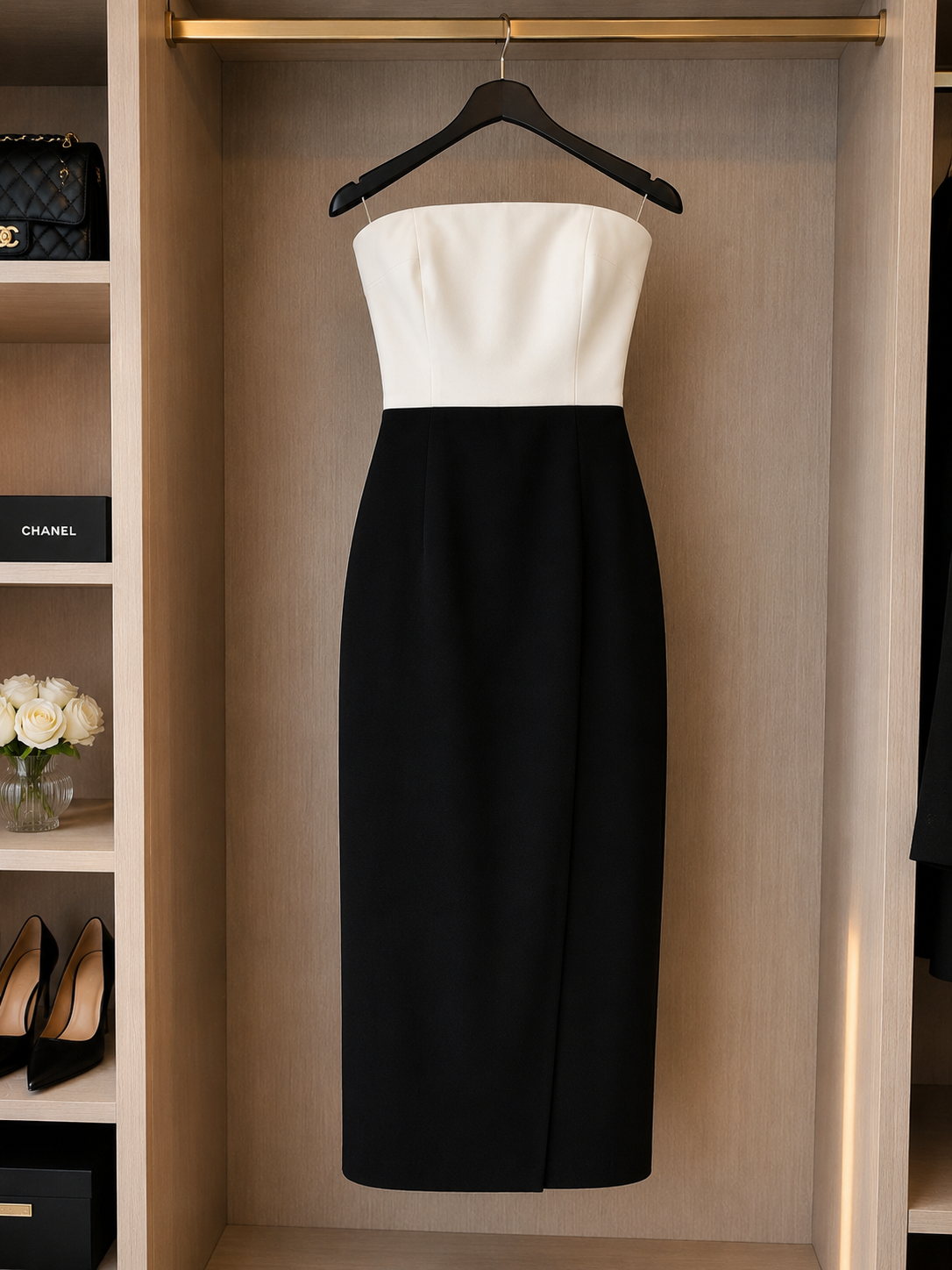 Elegant Strapless Two-Tone Midi Dress Size M