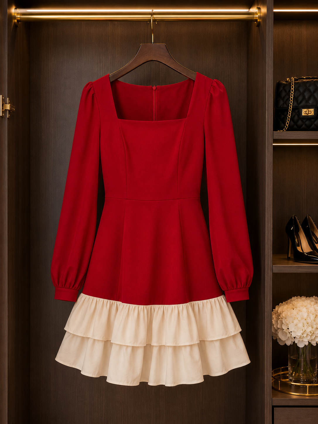Elegant Red & Cream Mini Dress – Small Size