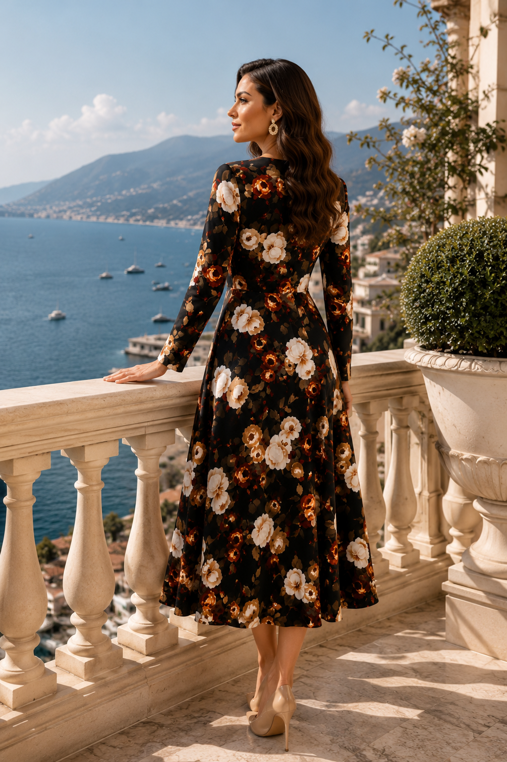 Elegant Black Floral Midi Dress Size M