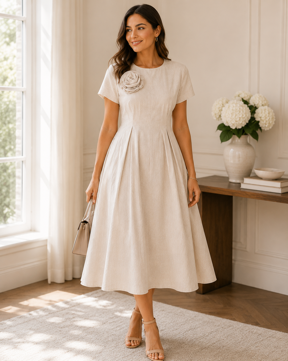 Elegant Cream A-Line Midi Dress Size L