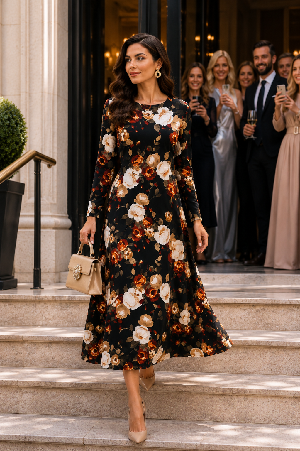 Elegant Black Floral Midi Dress Size M