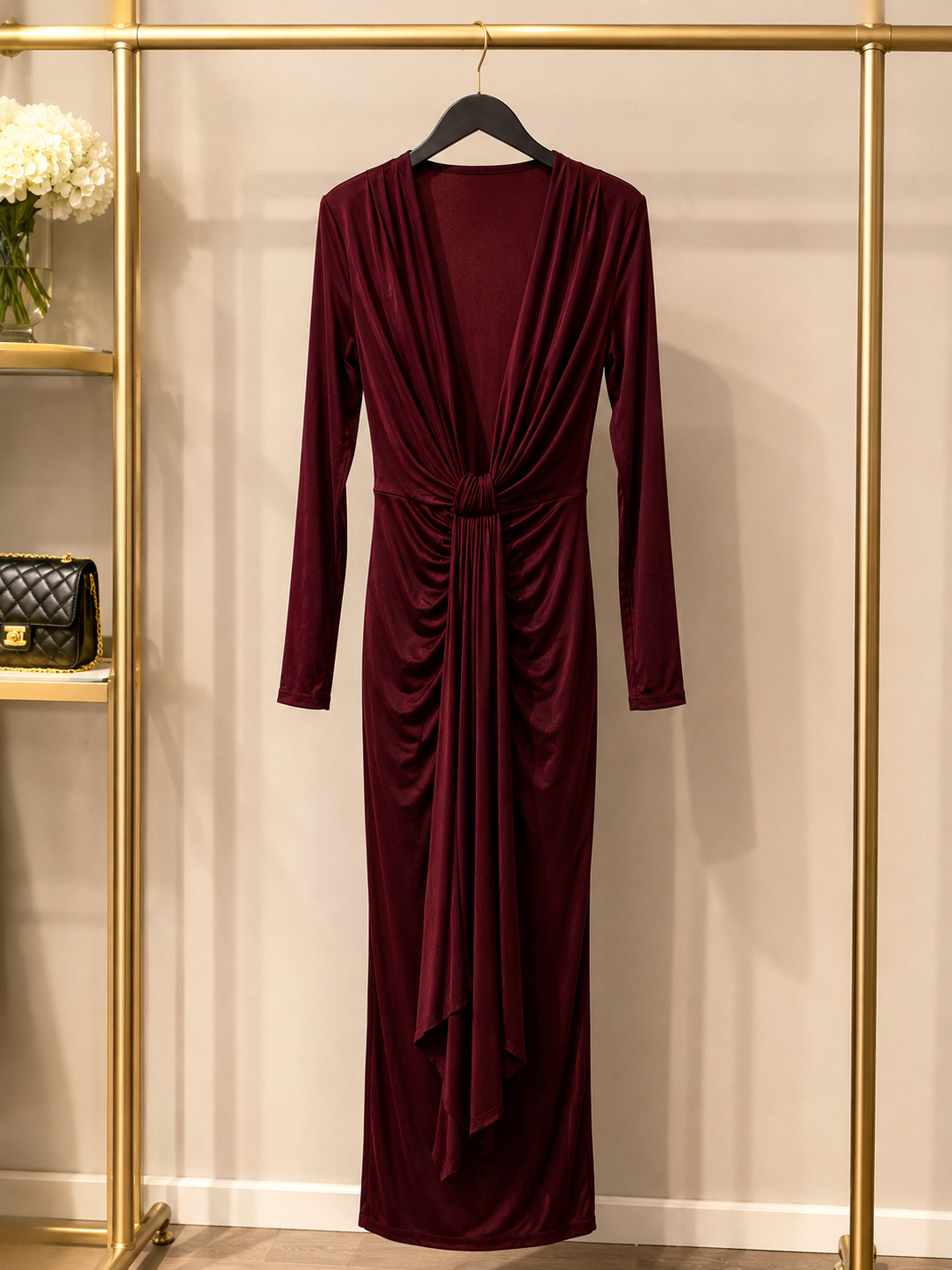 Elegant Burgundy Ruched Maxi Dress Size S