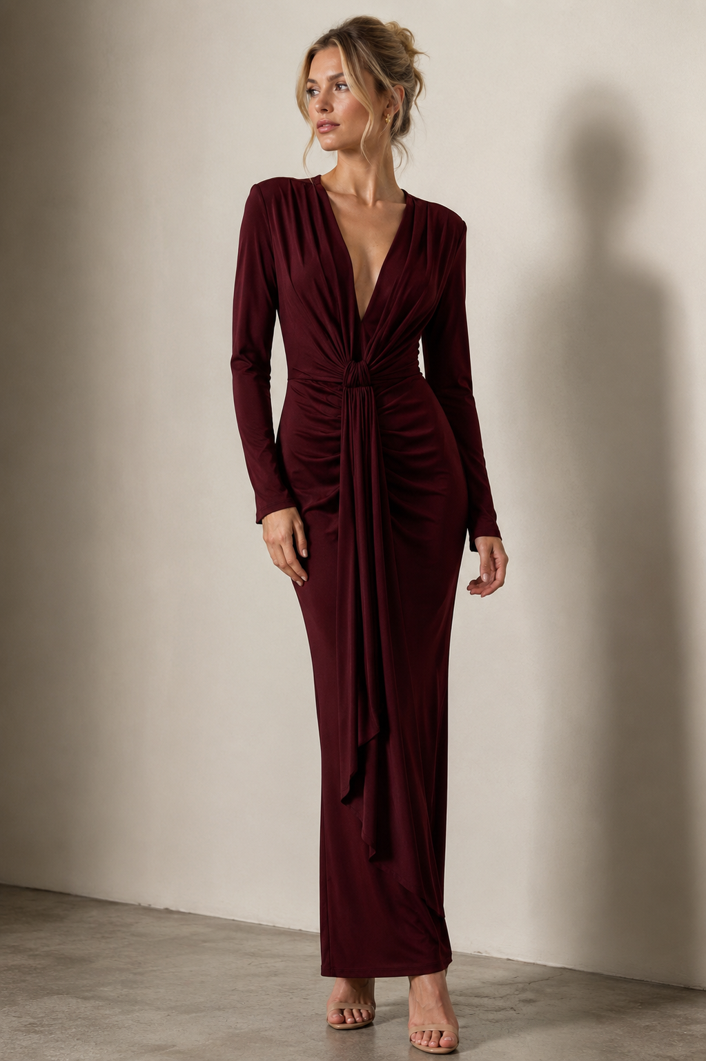 Elegant Burgundy Ruched Maxi Dress Size S