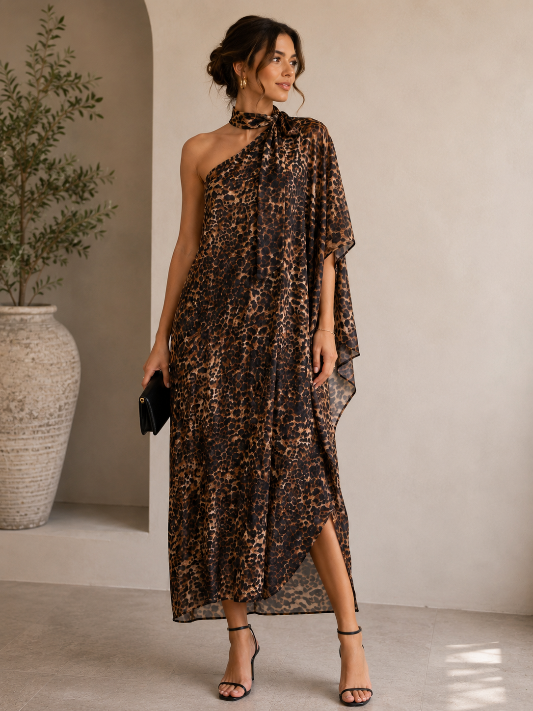 Elegant One-Shoulder Leopard Print Maxi Dress Size M