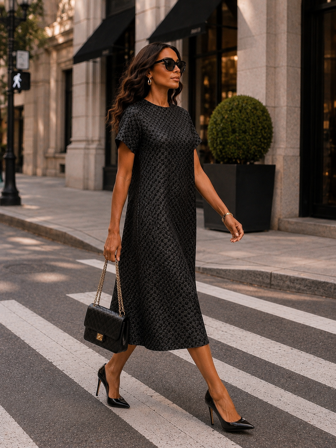 Elegant Textured Black Midi Dress Size L