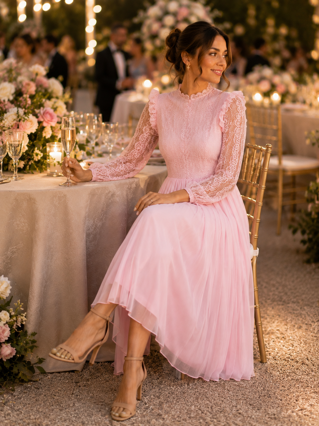 Elegant Blush Pink Lace Midi Dress Size M