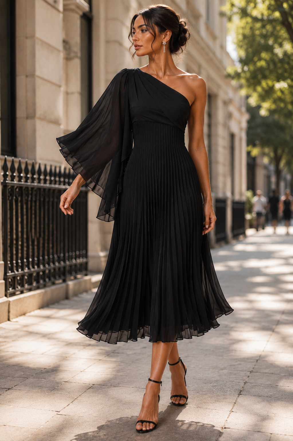 Elegant Black One-Shoulder Pleated Midi Dress Size L