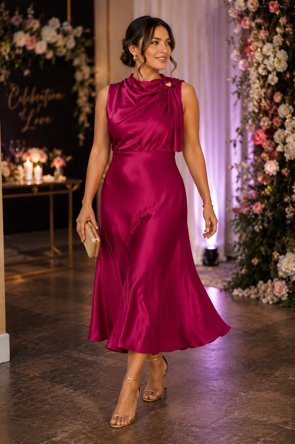 Elegant Satin Occasion Midi Dress Size S