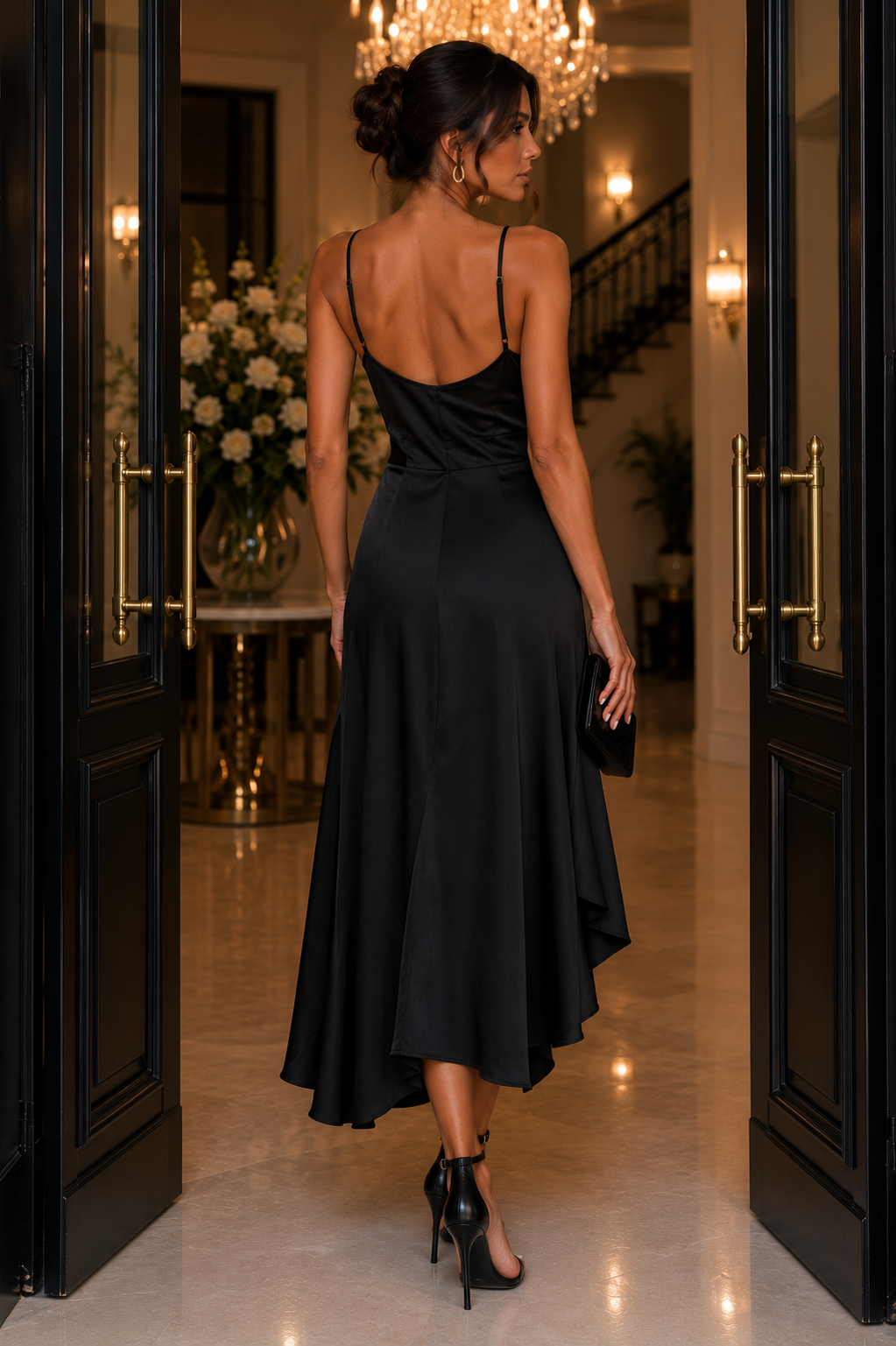 Elegant Black Satin High-Low Dress Size 16