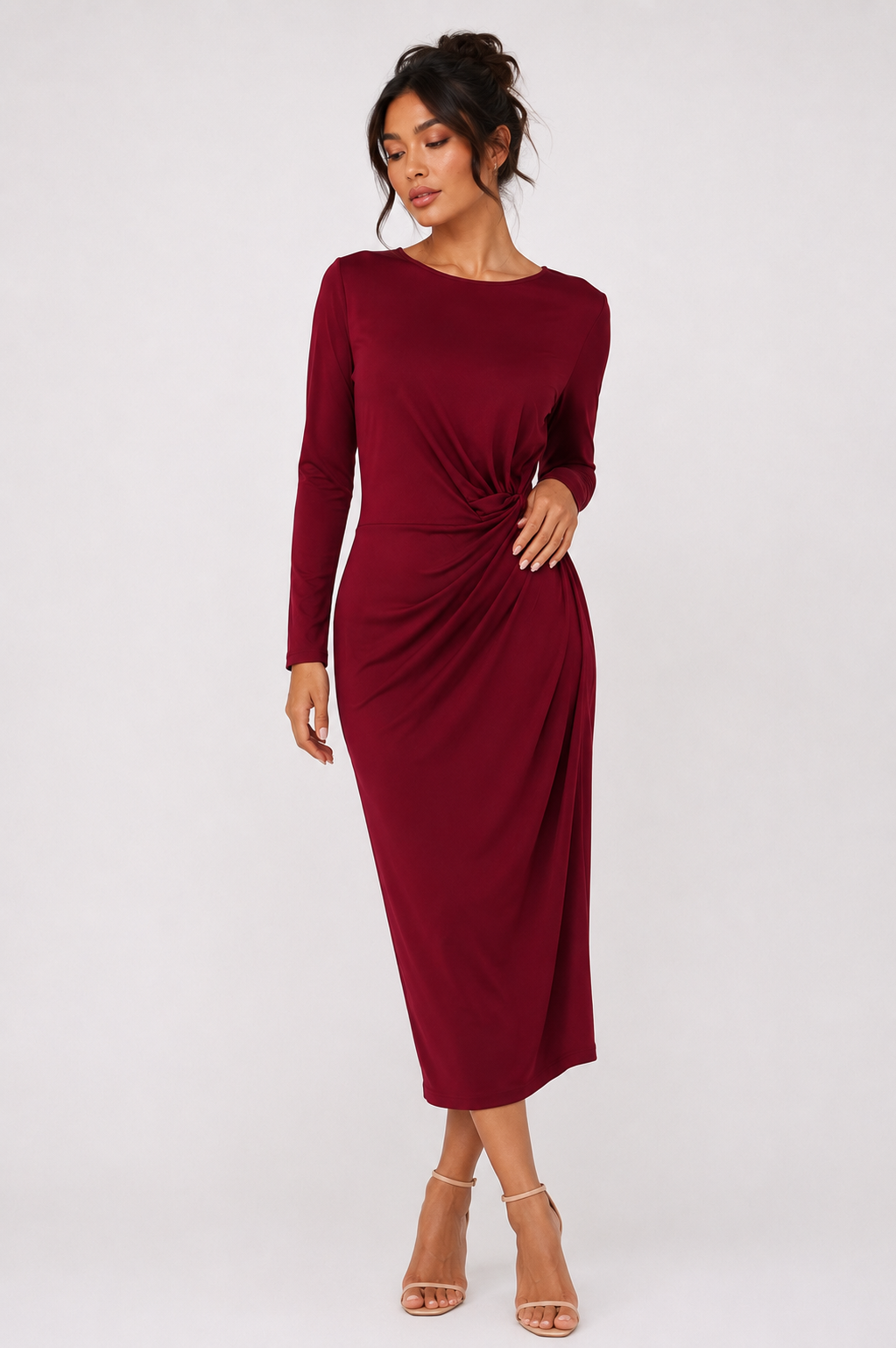 Elegant Burgundy Ruched Midi Dress Size XL