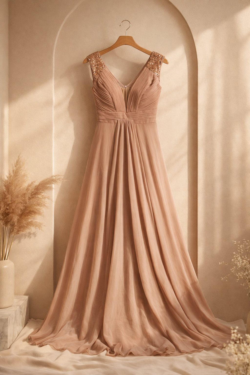 Taupe Chiffon Maxi Evening Dress