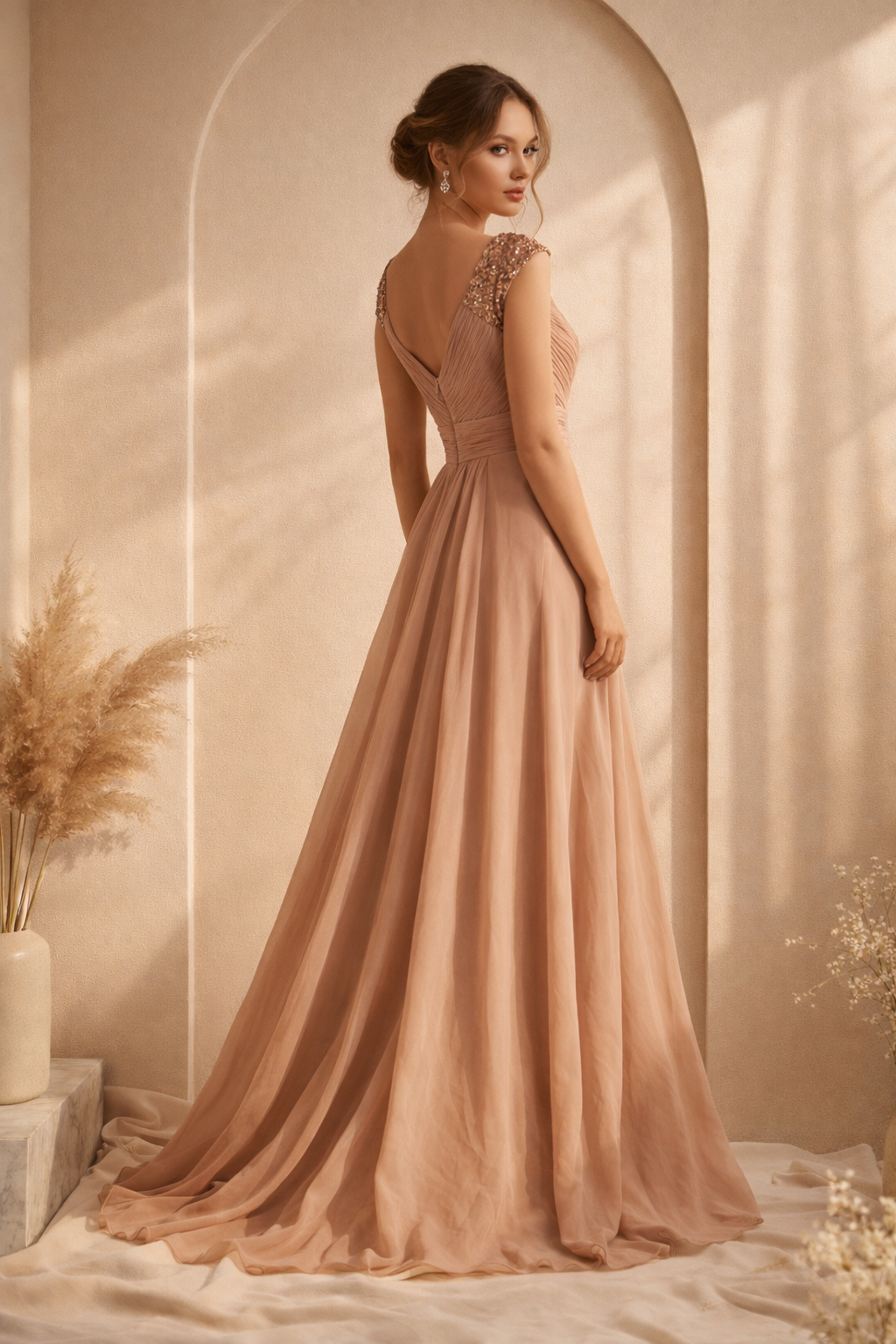 Taupe Chiffon Maxi Evening Dress