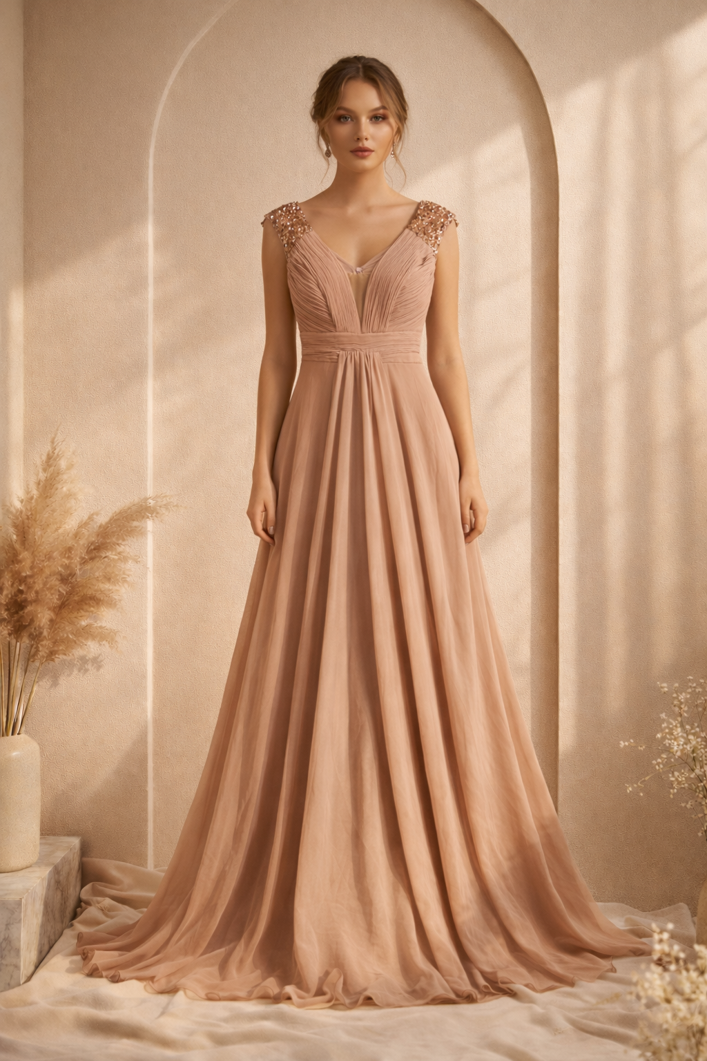 Taupe Chiffon Maxi Evening Dress