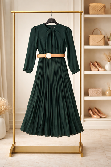 Forest Green Pleated Midi Dress