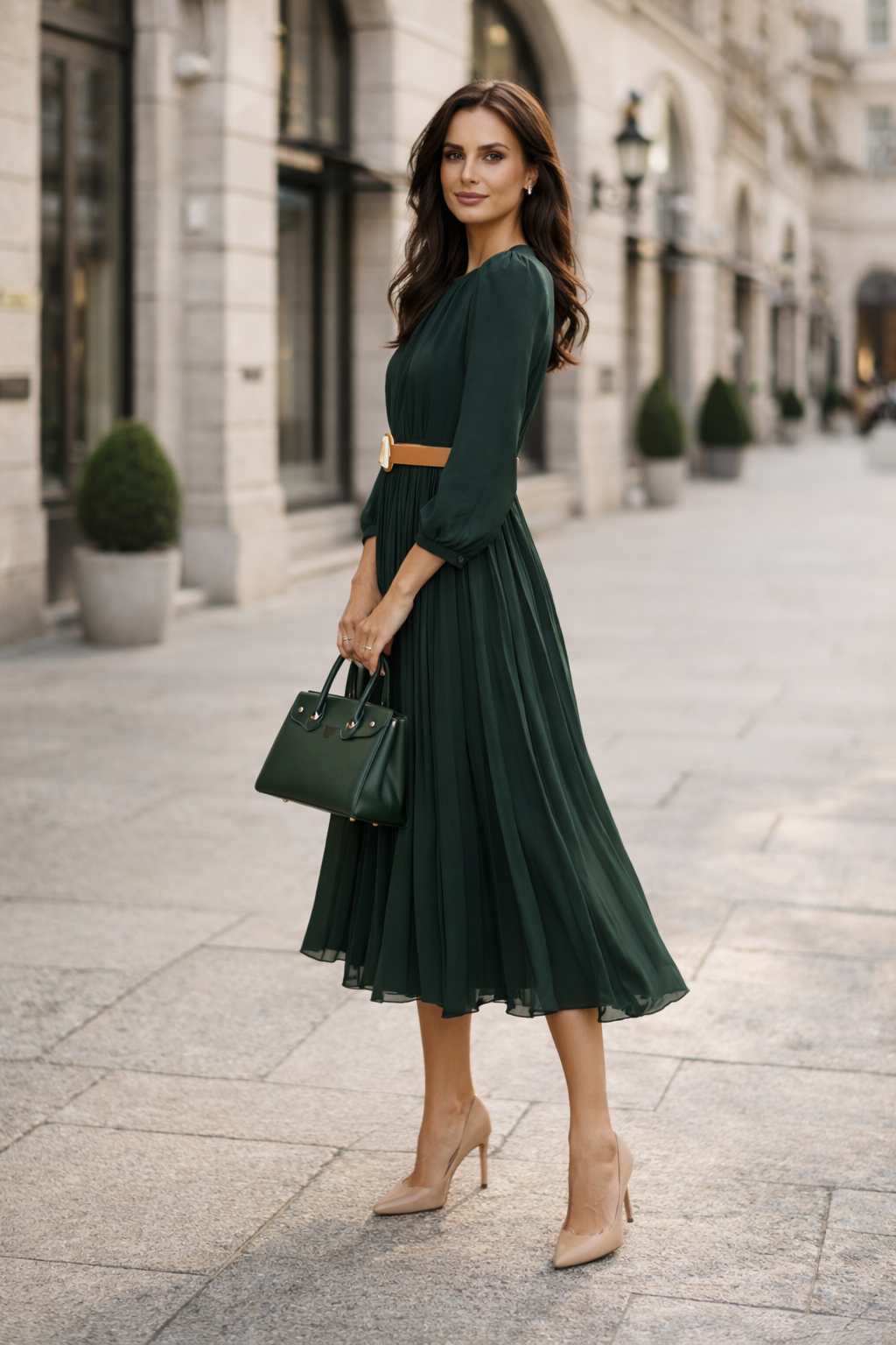 Forest Green Pleated Midi Dress