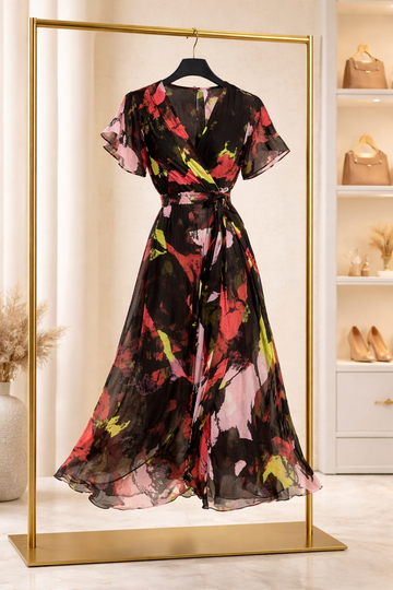 Red &amp; Black Floral Ruched Dress