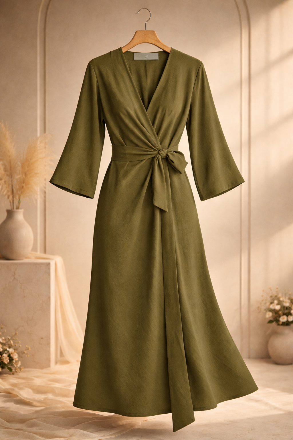Olive Green Tie-Waist Midi Dress