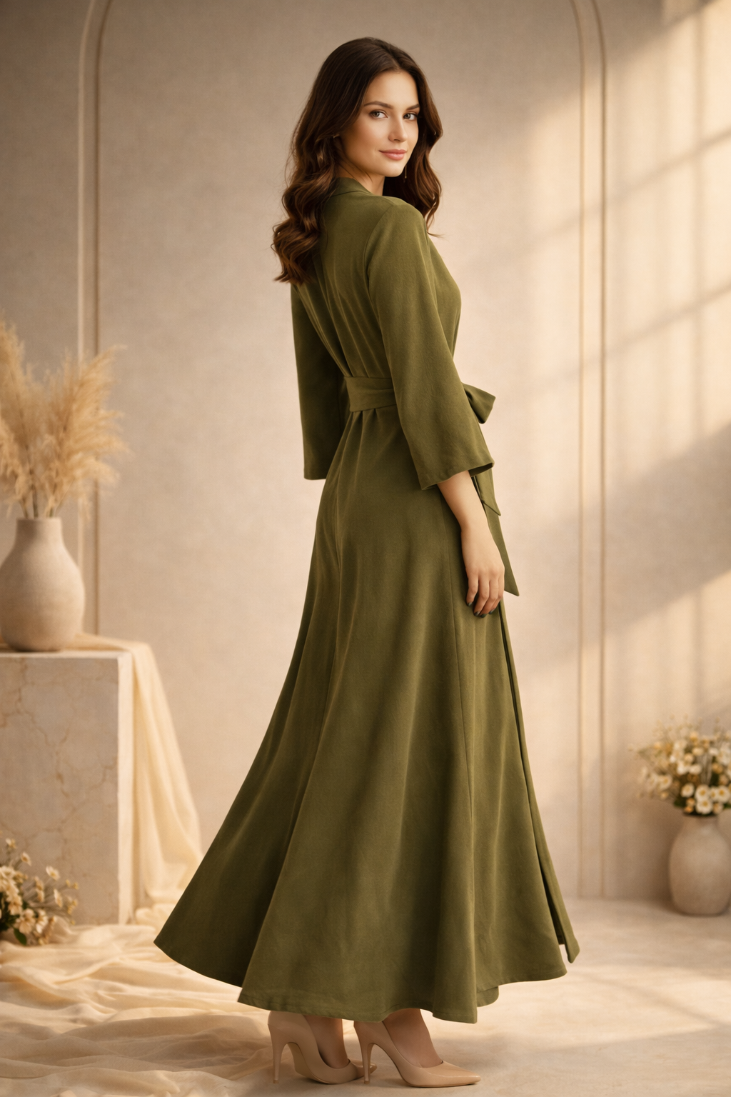 Olive Green Tie-Waist Midi Dress