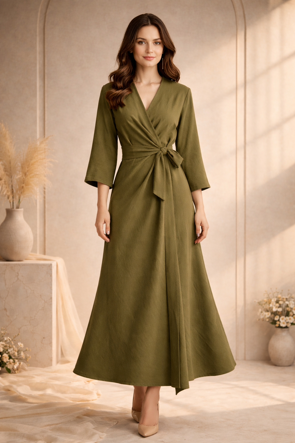 Olive Green Tie-Waist Midi Dress