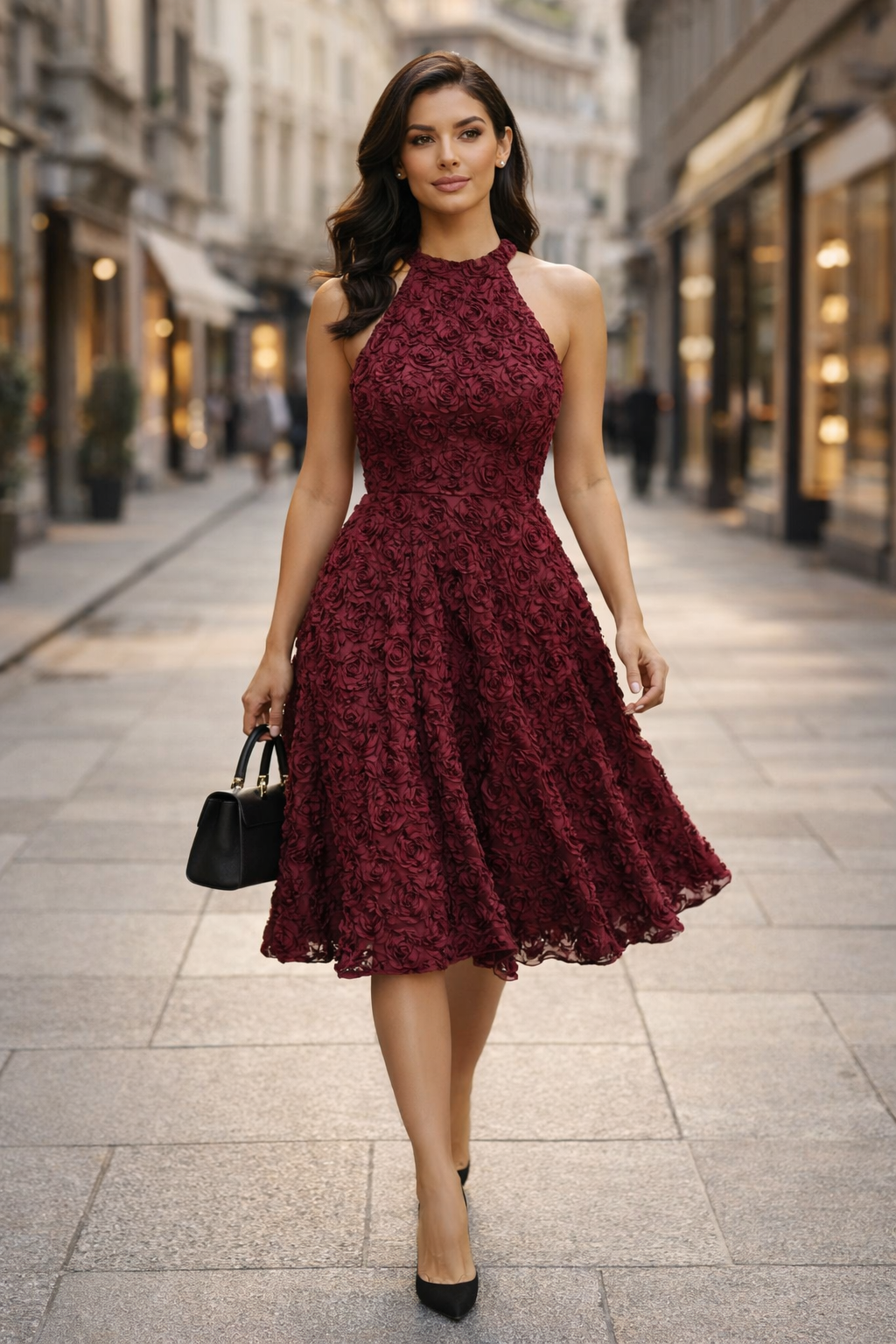 Burgundy Textured Rose Fit &amp; Flare Dress