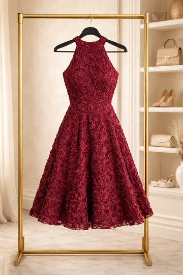 Burgundy Textured Rose Fit &amp; Flare Dress