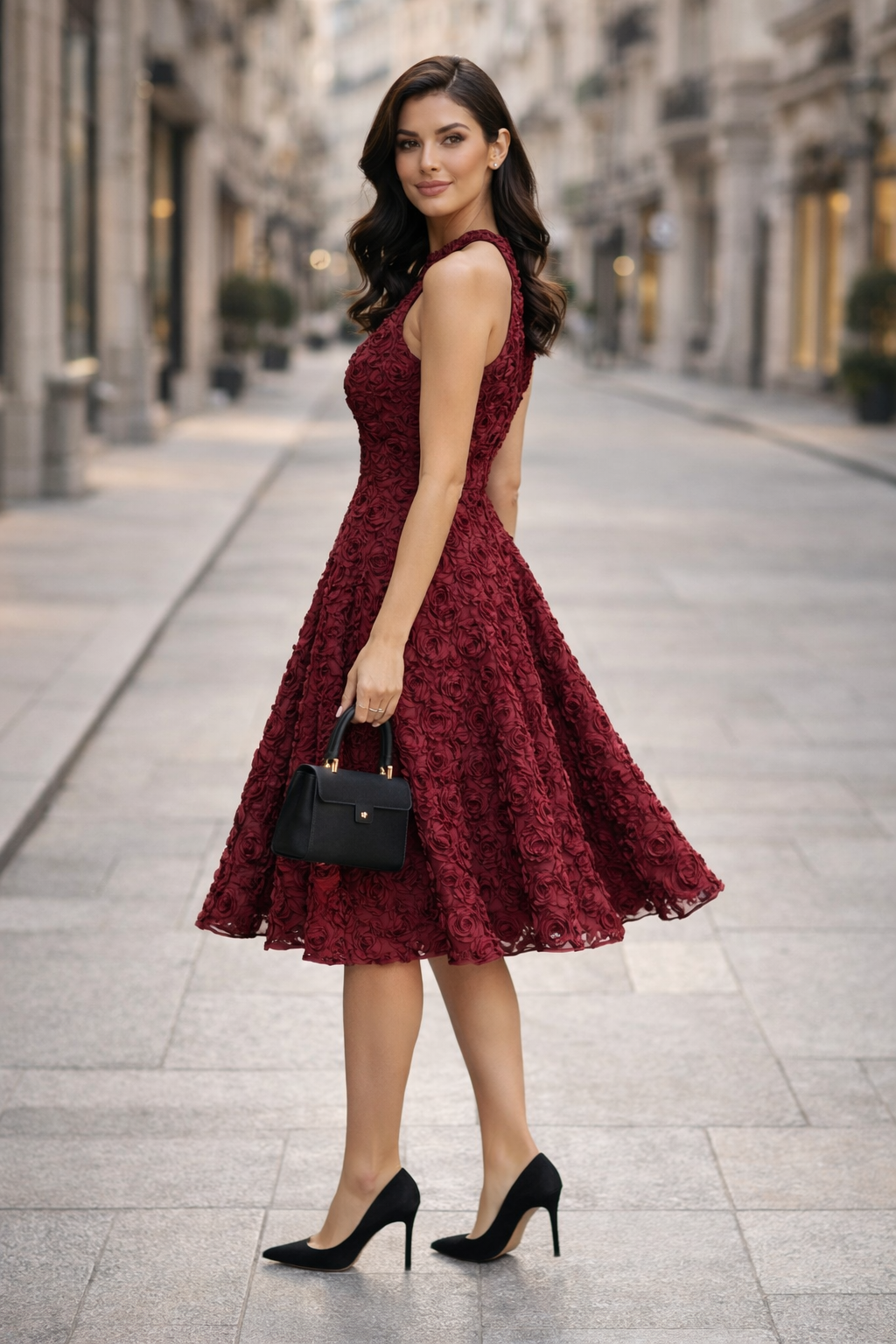Burgundy Textured Rose Fit &amp; Flare Dress
