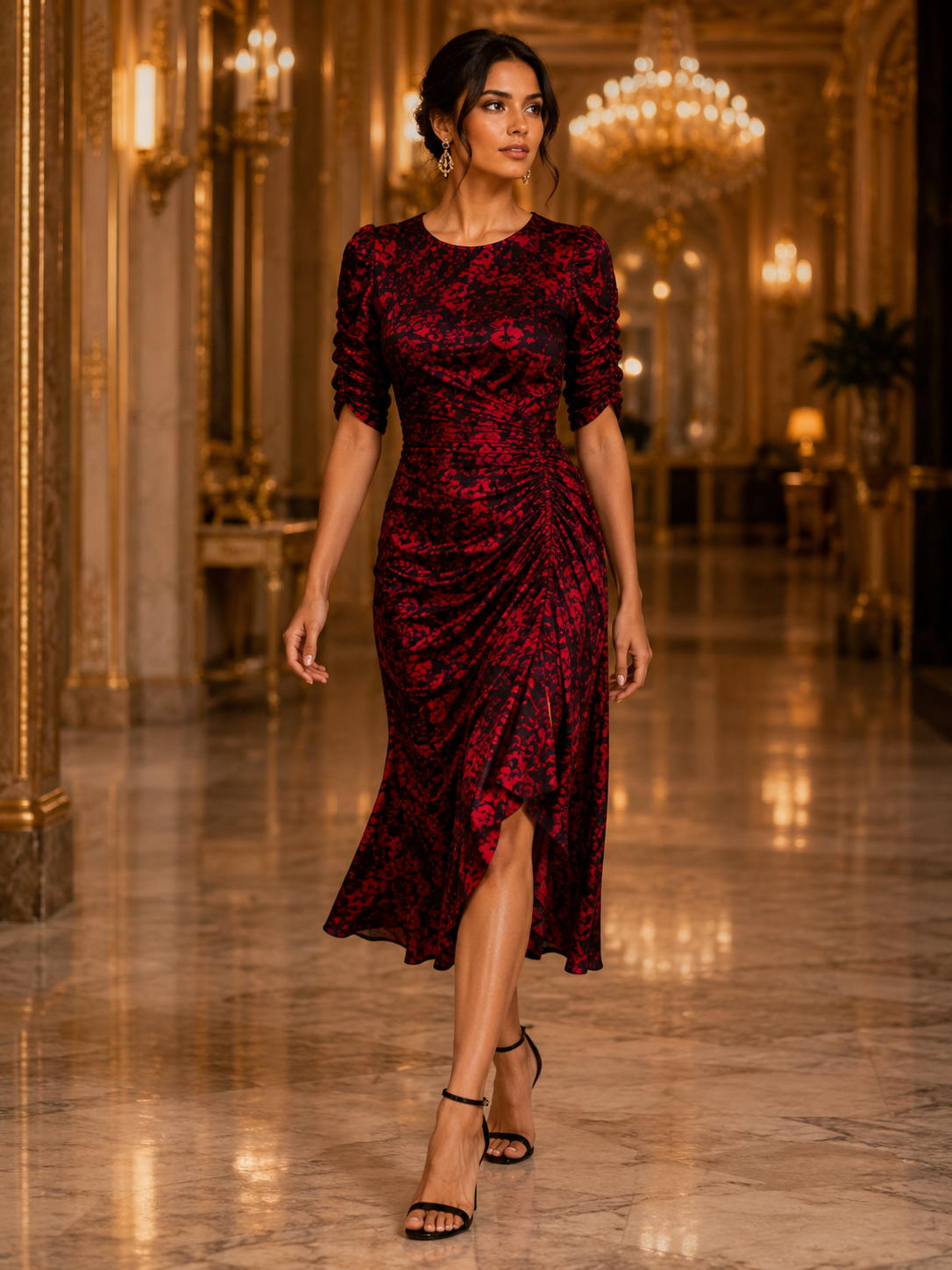 Elegant Floral Ruched Midi Dress Size M