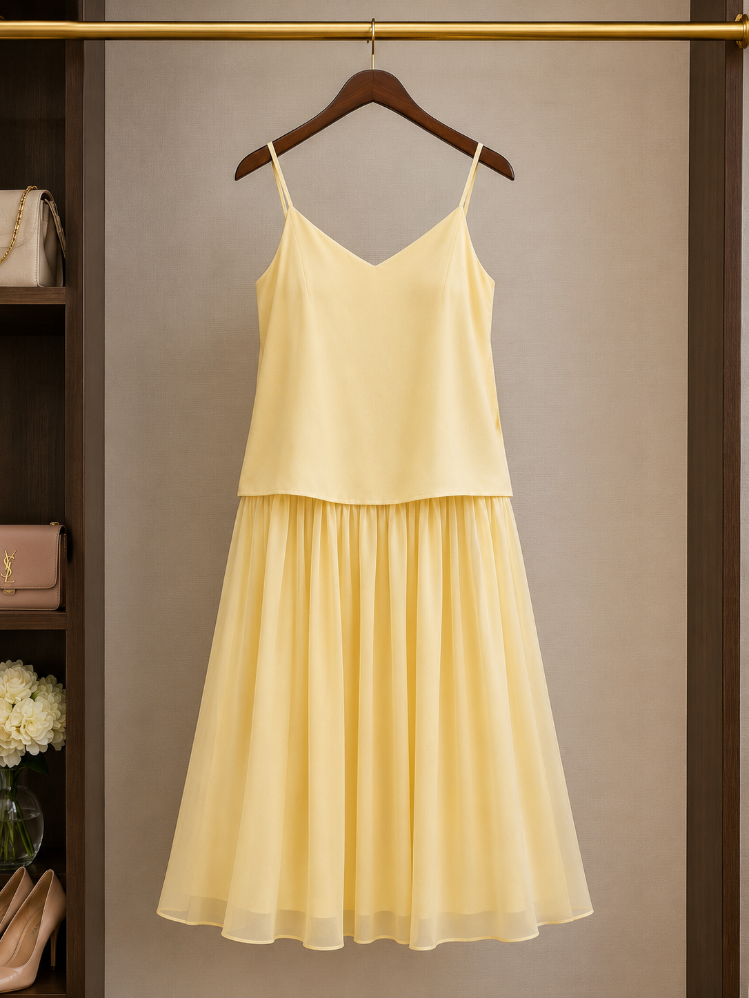 Elegant Lemon Yellow Midi Dress Size L